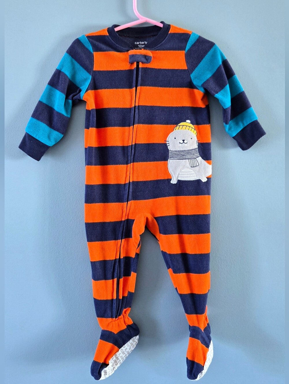 Carter's Navy, Orange & Teal Striped Footed Sleepers With a Cute Seal, 12m